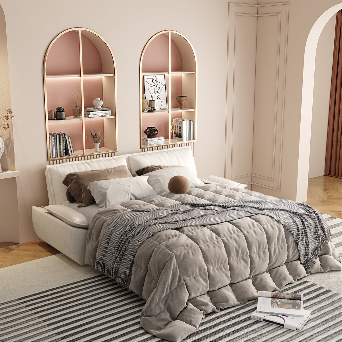 3-in-1 Convertible Velvet Sofa Bed with Queen Pull Out Sleeper - Beige/White