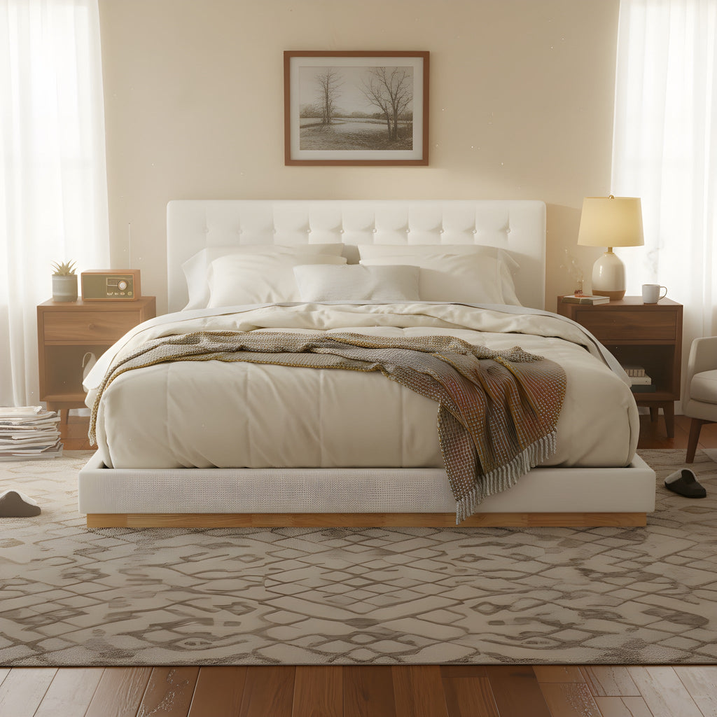Solid Rubber Wood Platform Bed with Upholstered Headboard - White