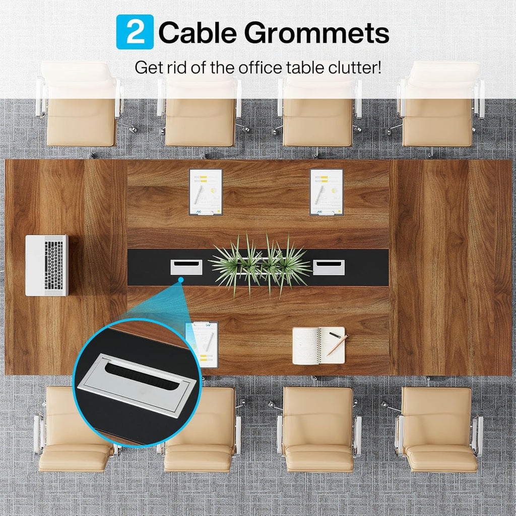 Conference Table for 8–10 People with Cable Management - Brown / Black