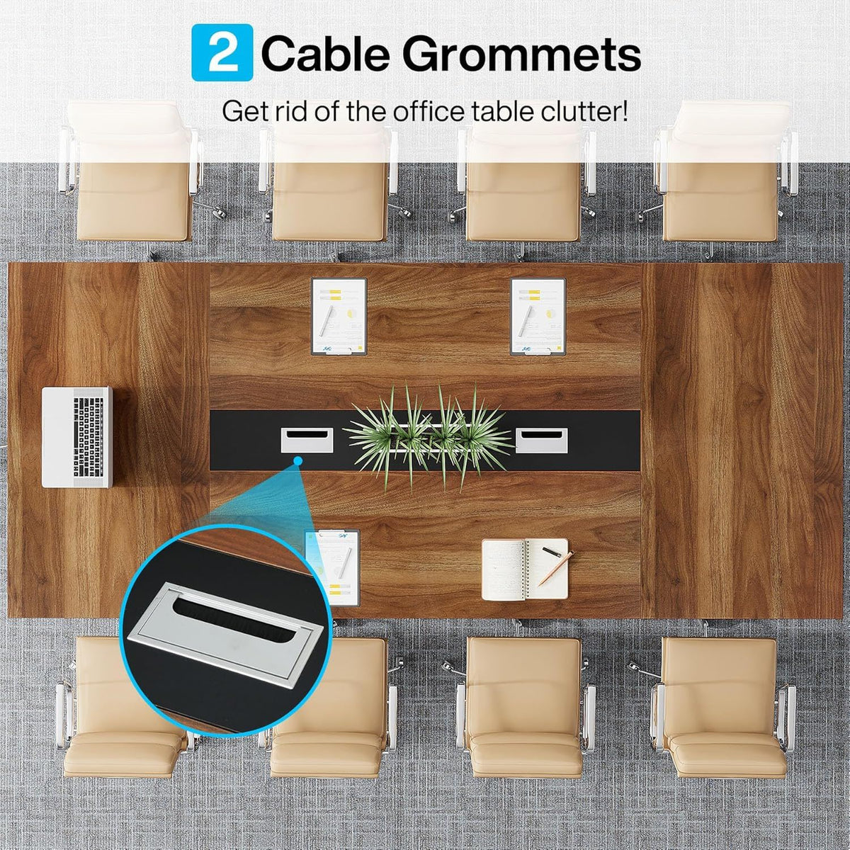 Conference Table for 8–10 People with Cable Management - Brown / Black