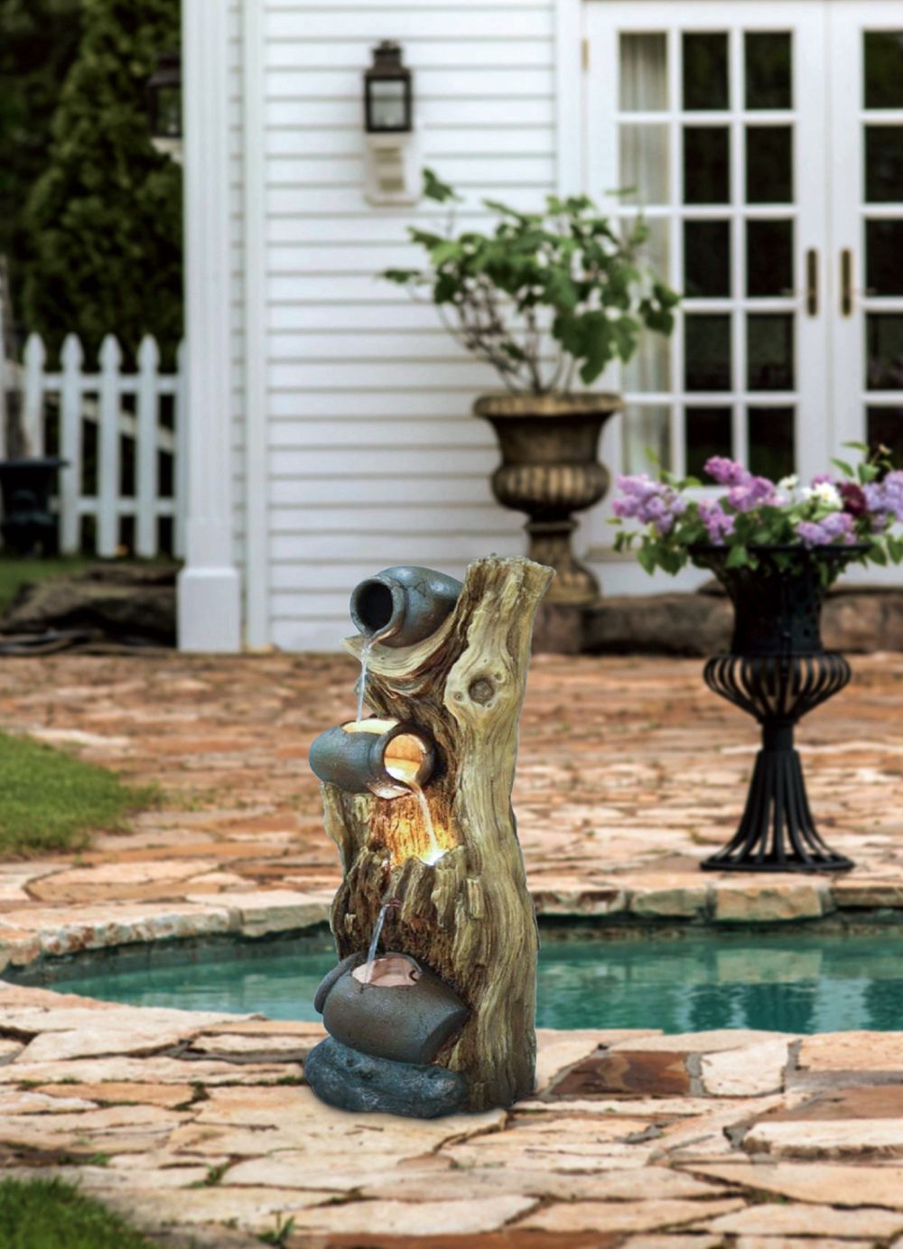 Decorative 3 Tier Tree Trunk Fountain with LED Lights - Brown