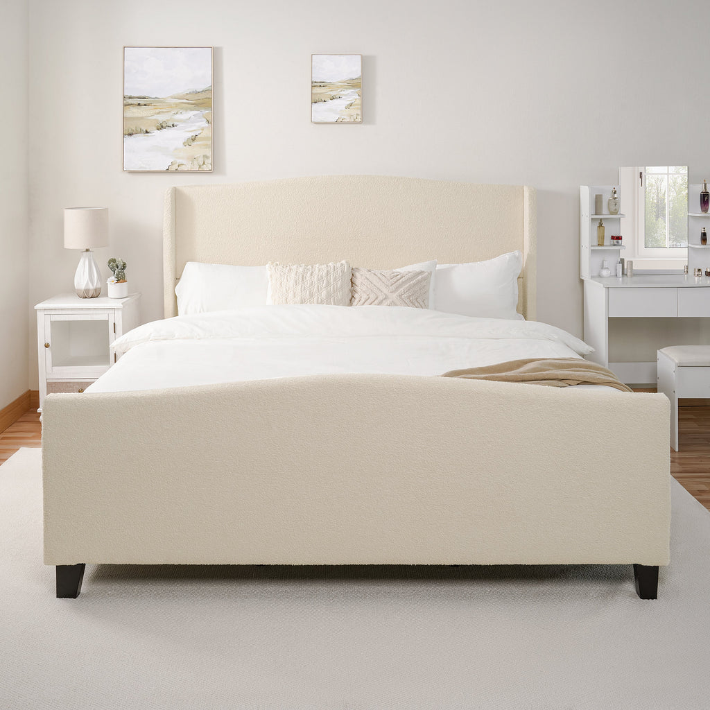 King Size Bed Frame with Upholstered Teddy Velvet Headboard - White