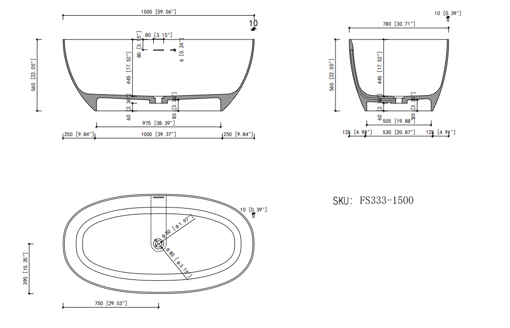 59" Solid Surface Soaking Bathtub with Freestanding Design - Matte White