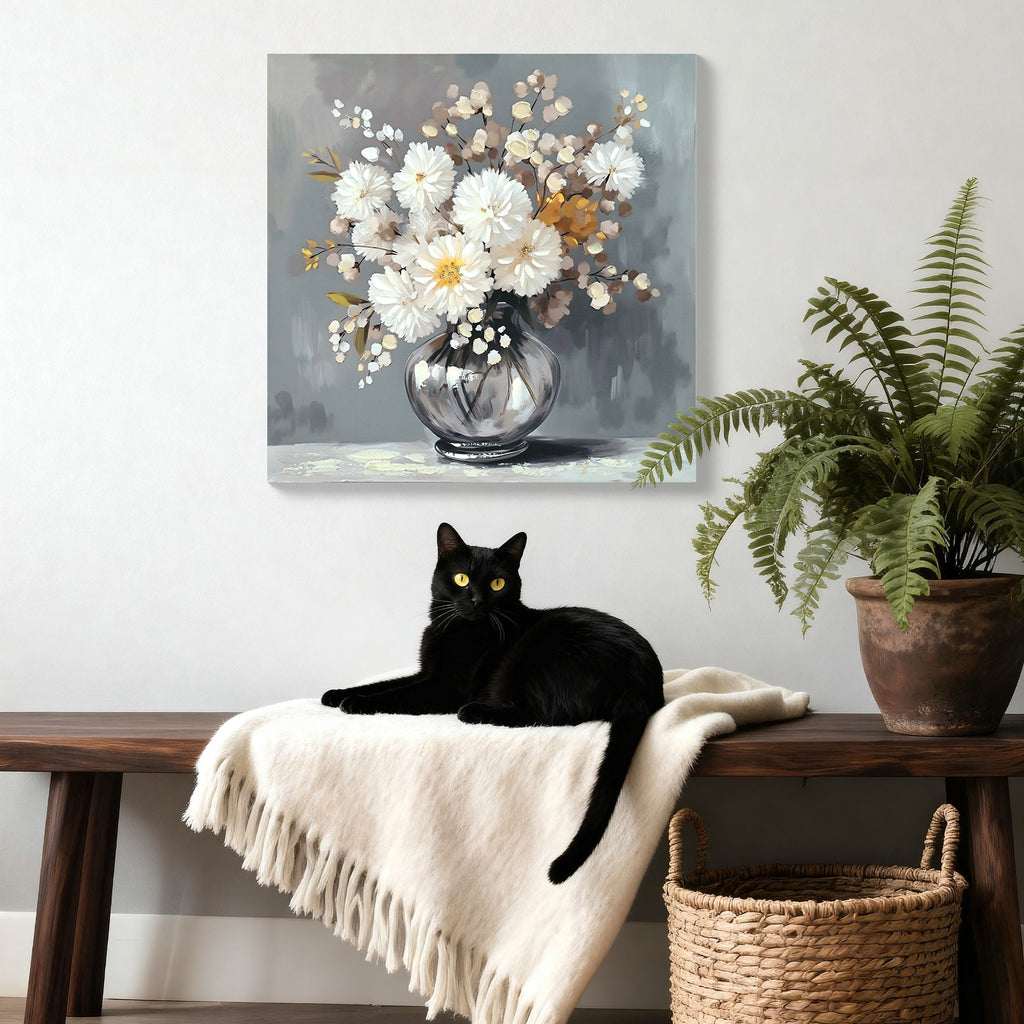 Chrysanthemum Vase Canvas Wall Art Decor - Stone White