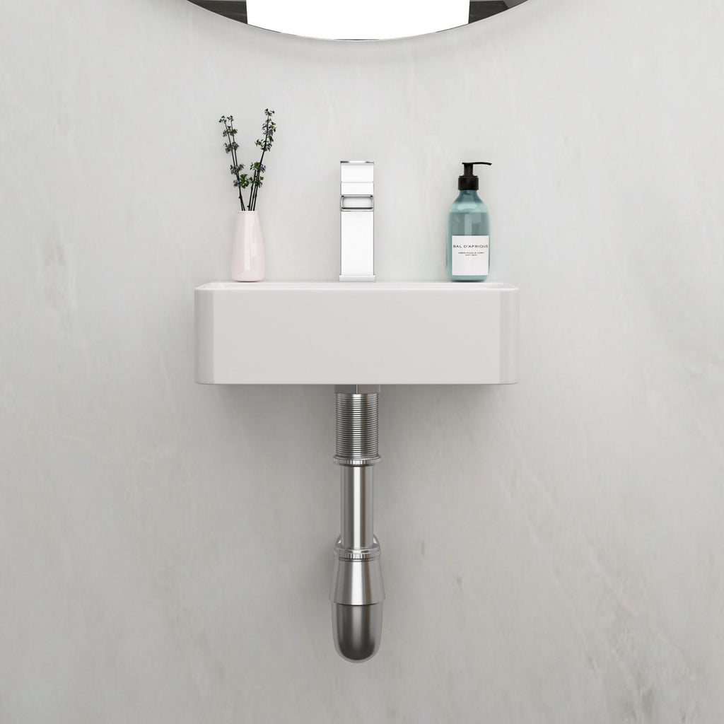 Ceramic Rectangle Wall Mount Bathroom Sink with Single Faucet Hole - White