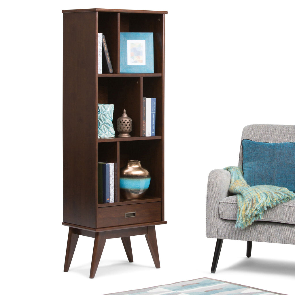 Mid Century Wide Bookcase with Storage Drawers - Multiple Colors