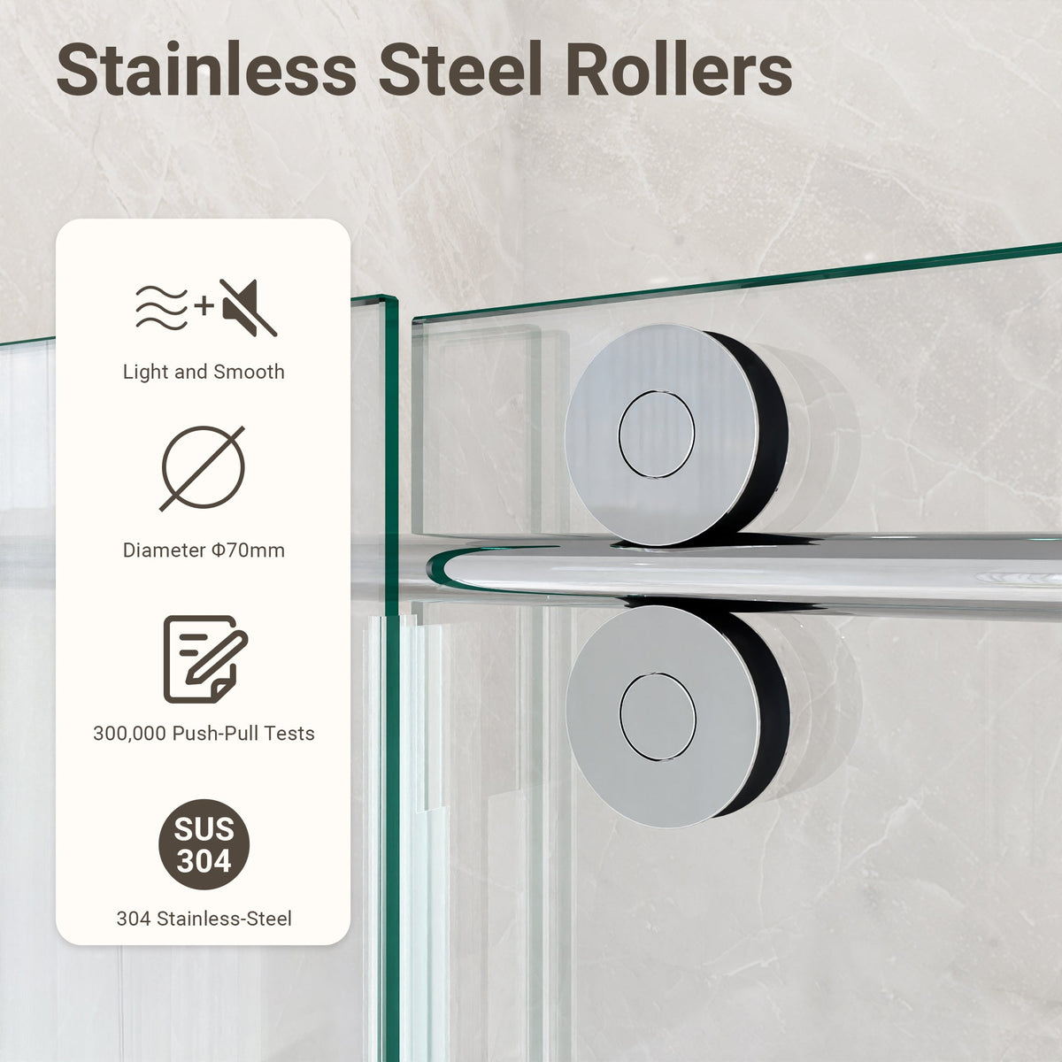 Frameless Single Sliding Shower Door with Stainless Steel Rollers - Chrome