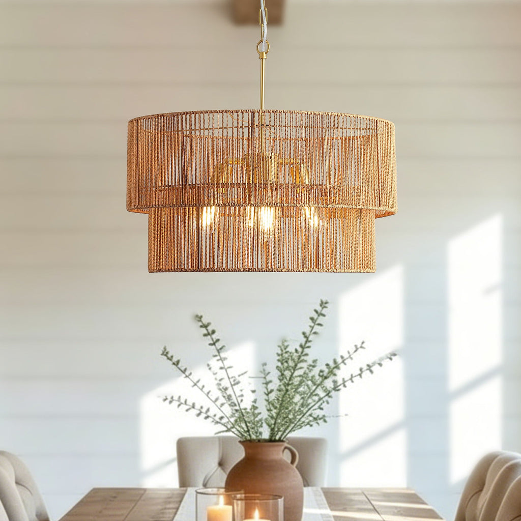 2 Tier Boho Wabi Sabi Chandelier with Handwoven Rattan Shade - Gold