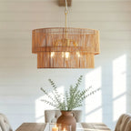 2 Tier Boho Wabi Sabi Chandelier with Handwoven Rattan Shade - Gold