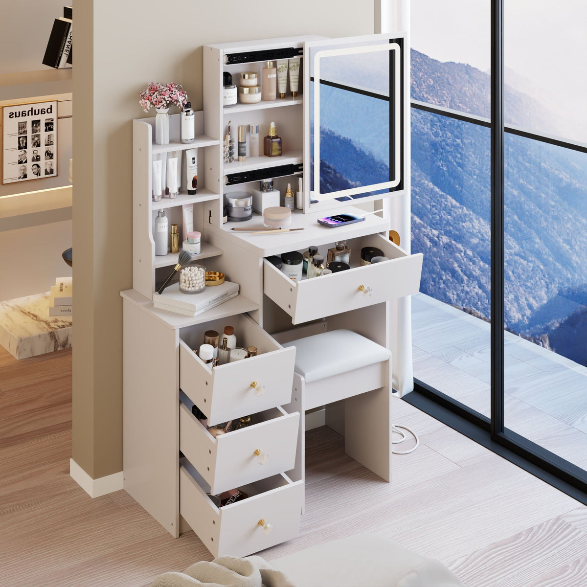 White Vanity Set with USB Power Station and Cushioned Stool