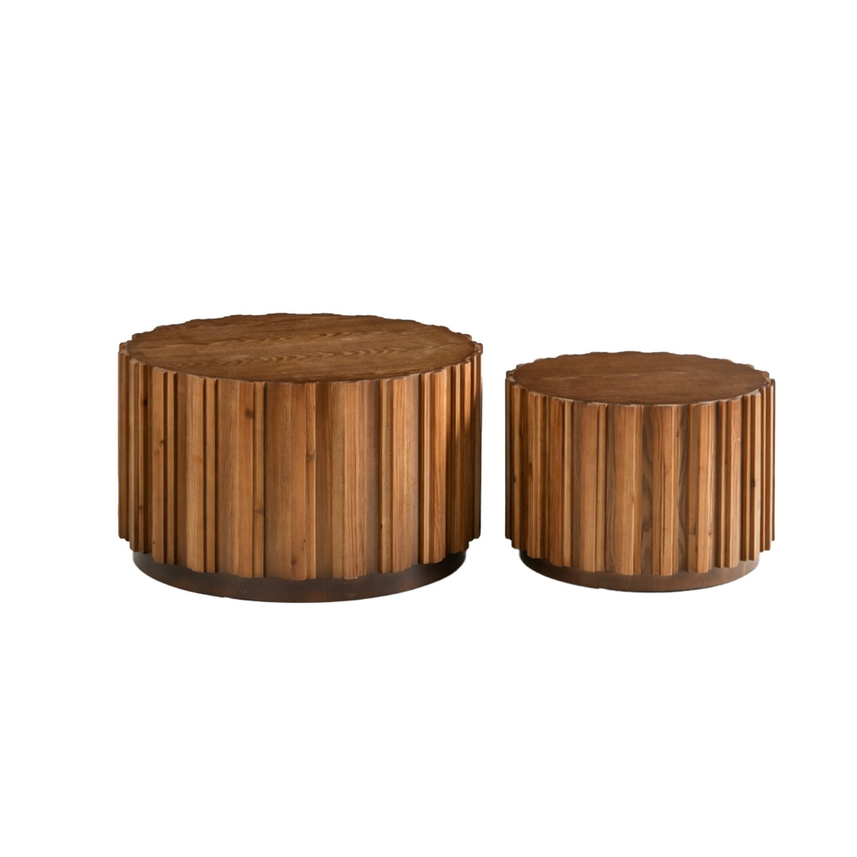 Round Nesting Coffee Table Set of 2 with Vertical Slatted Design - Walnut Brown or Natural Wood