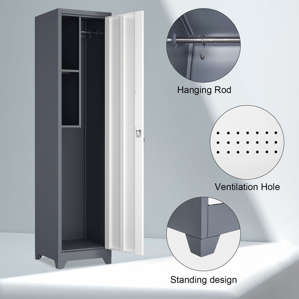 Broom Storage Cabinet Narrow Slim with Hooks and Shelves, Heavy-Duty