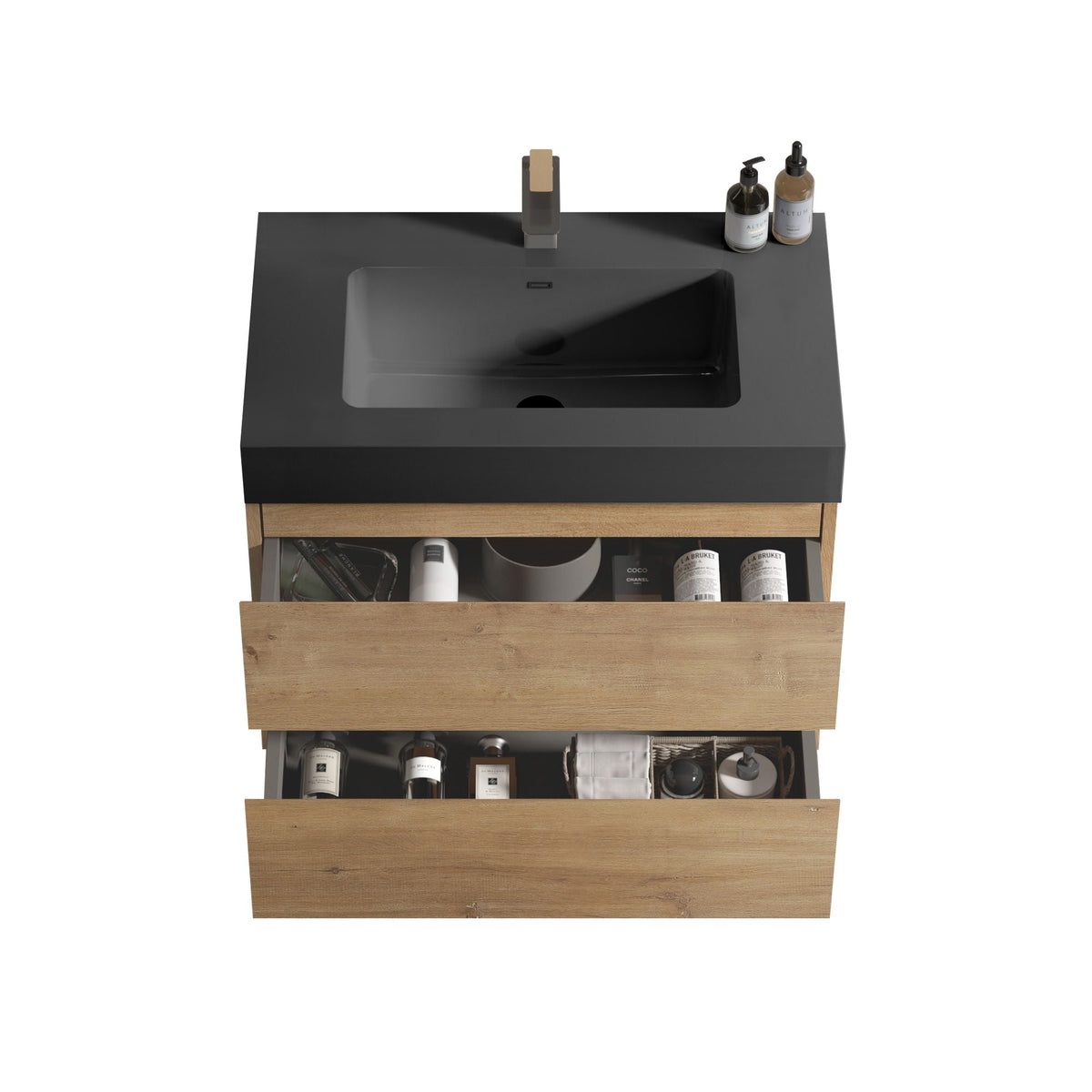 Natural Oak Bathroom Vanity with Floating Quartz Sink - Light Brown