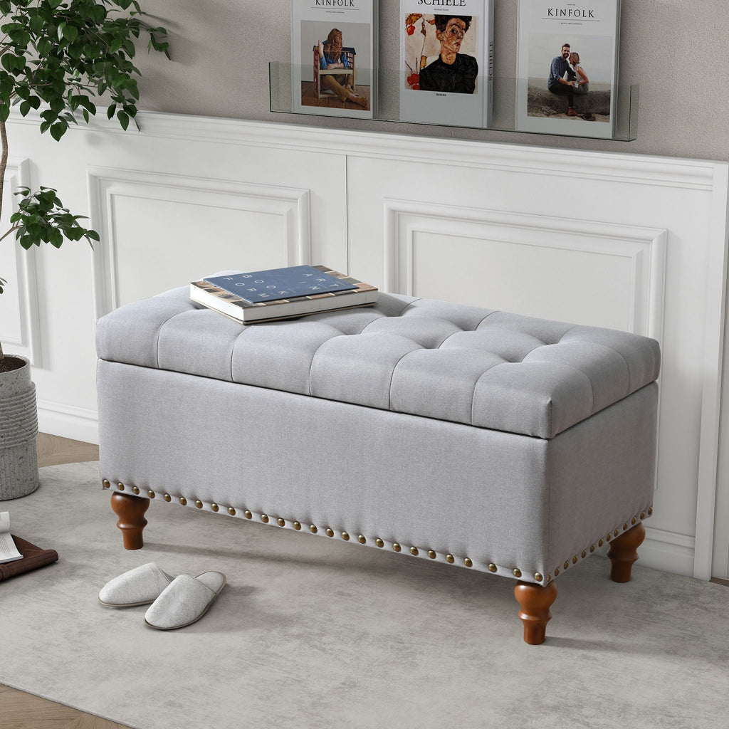 Upholstered Ottoman with Storage and Rivet Trim - Fabric, Beige or Gray