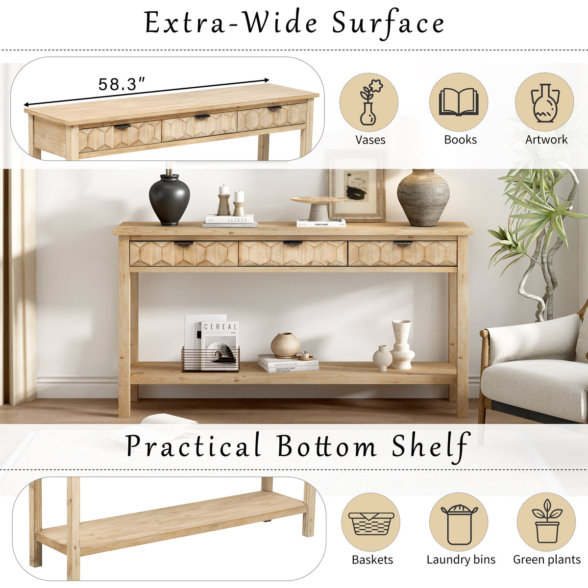 Fir Veneer Entryway Table with Honeycomb-Patterned Drawers - Natural