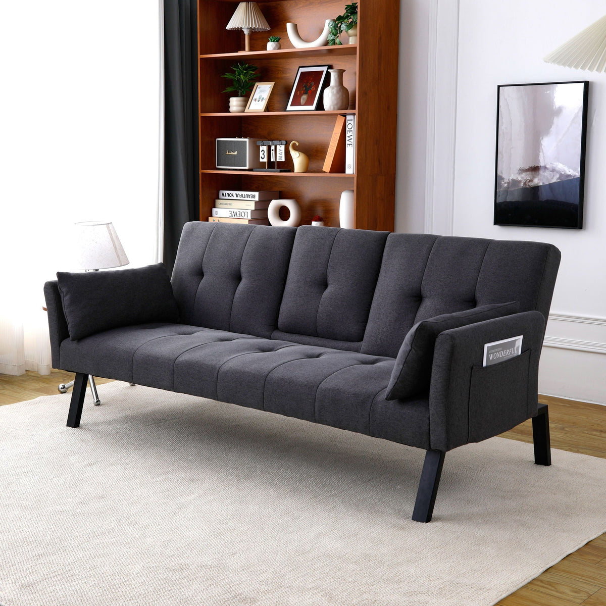 Foldable Sofa Bed with Cup Holder and Solid Wood Frame - Multiple Colors