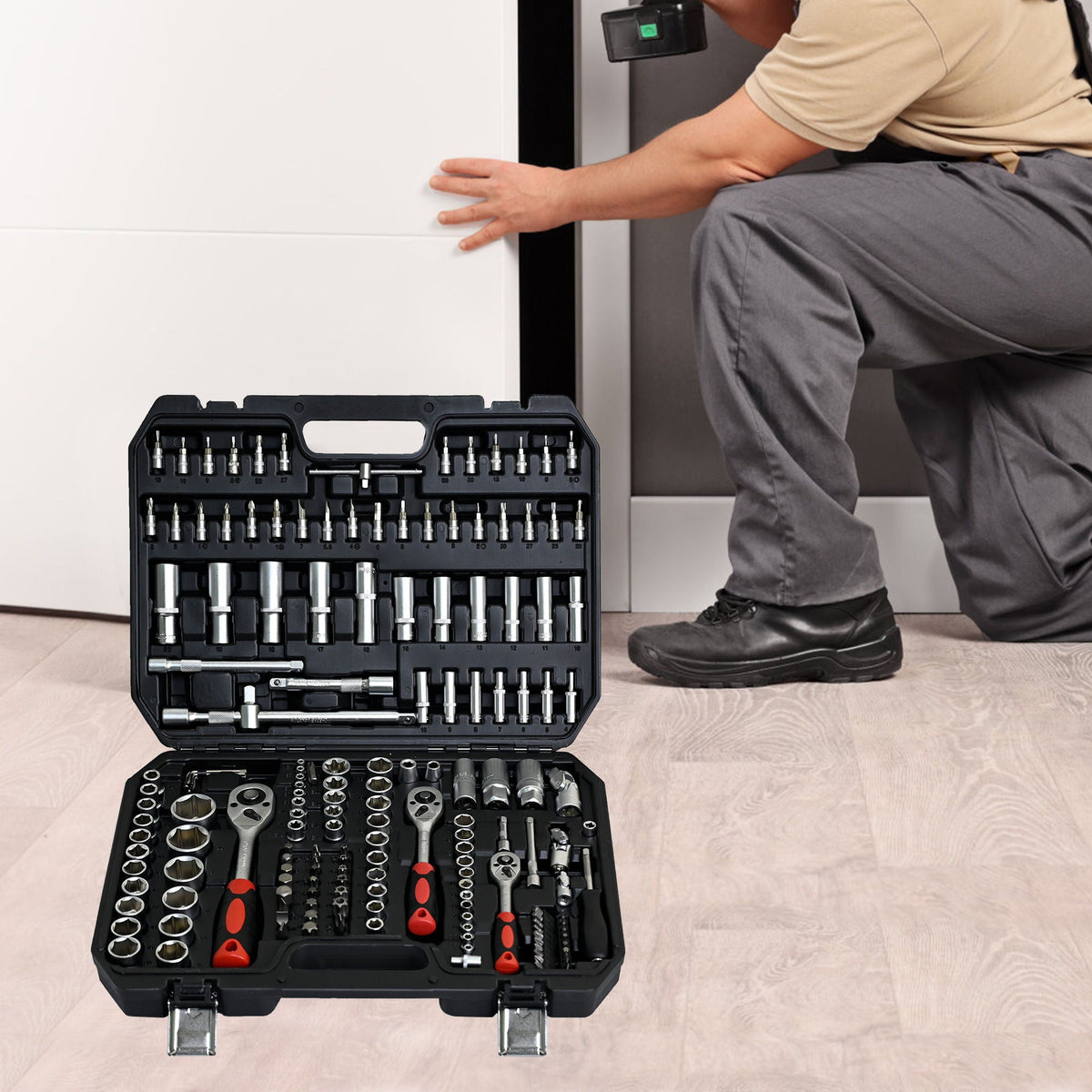 Socket and Ratchet Tool Set with Locking Toolbox - Black