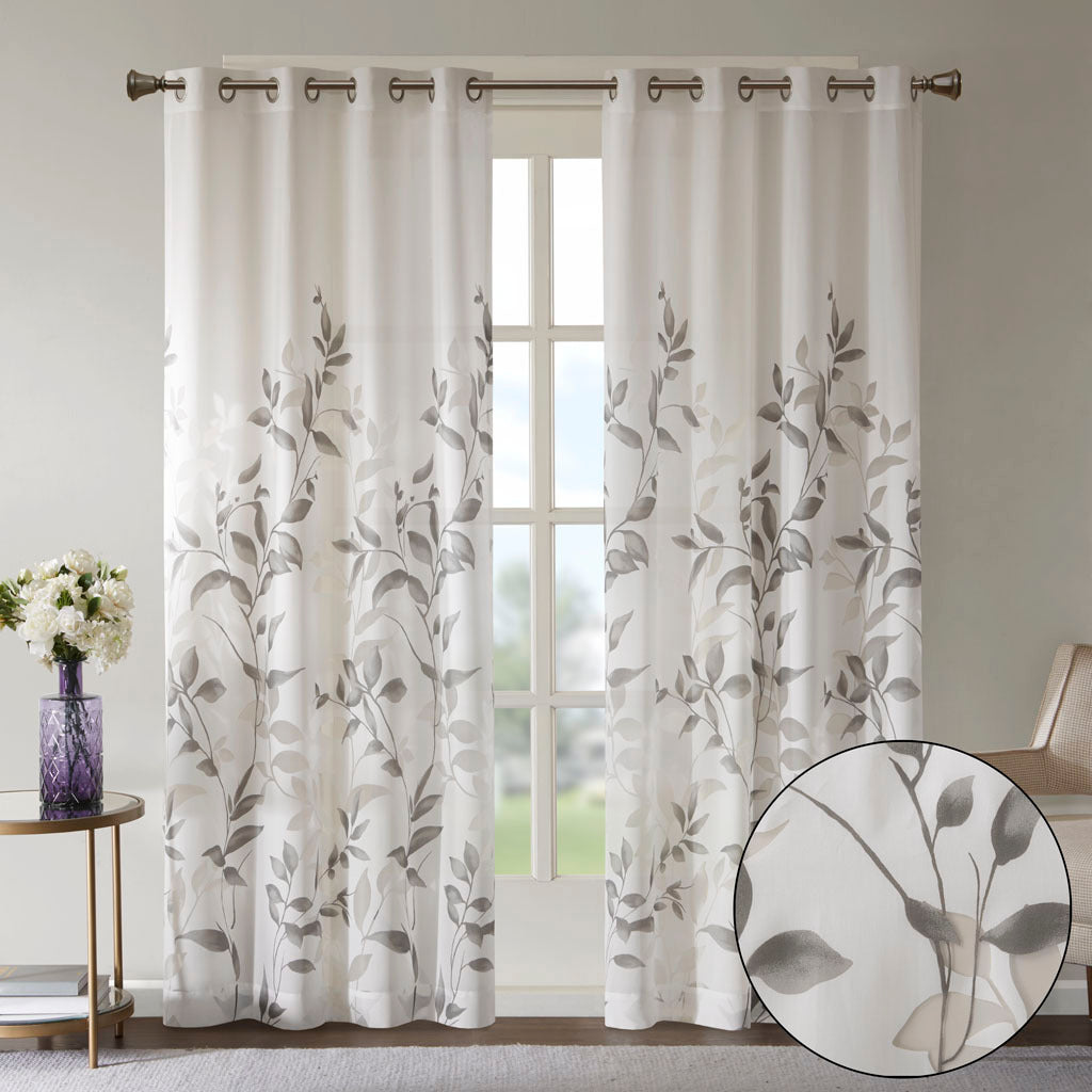 Burnout Printed Curtain Panel with Semi-Sheer Botanical Design - Grey