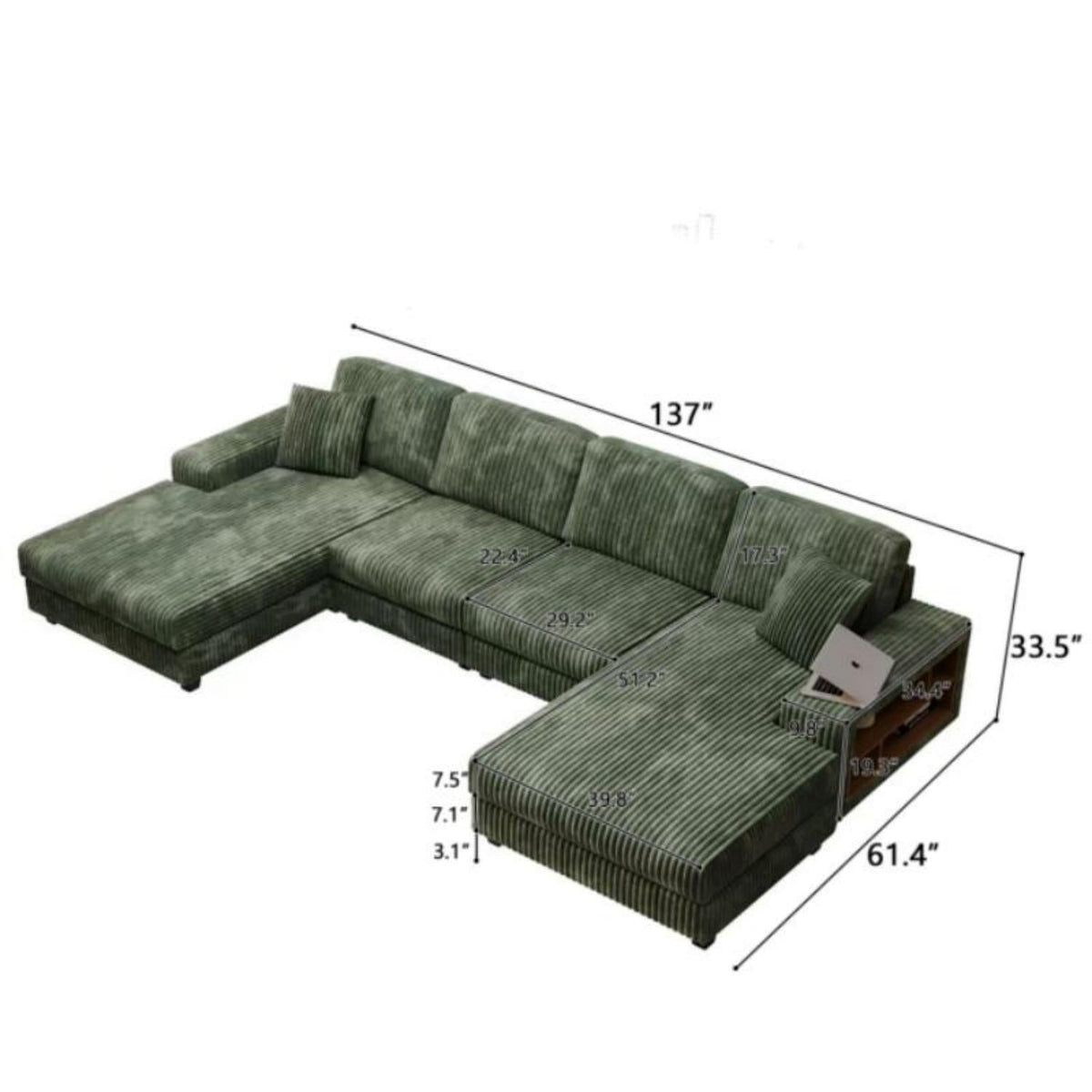 U-Shaped Convertible Sofa, 4 Seater Sectional with Storage Armrests - Multiple Colors