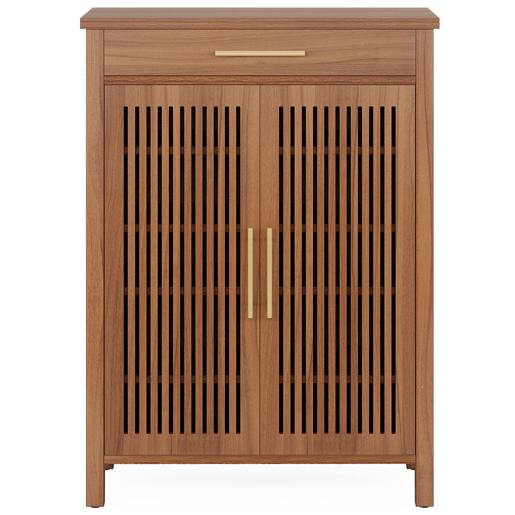 5 Tier Shoe Cabinet with Louvered Doors and Drawer - Brown