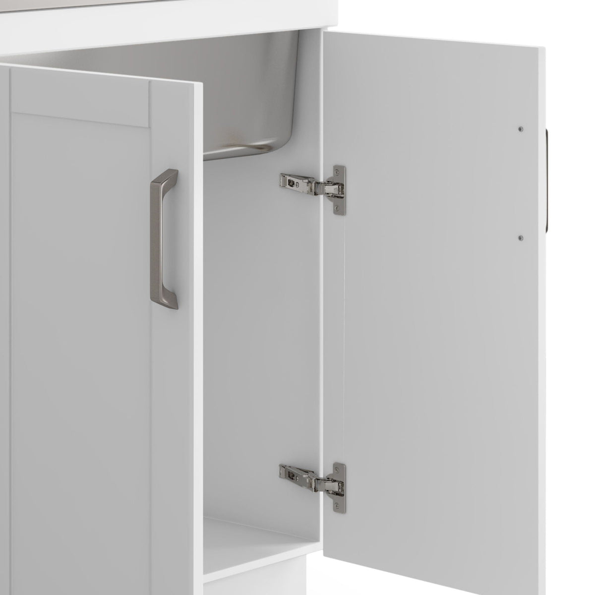 White Laundry Cabinet with Stainless Steel Sink and Pull-Out Faucet