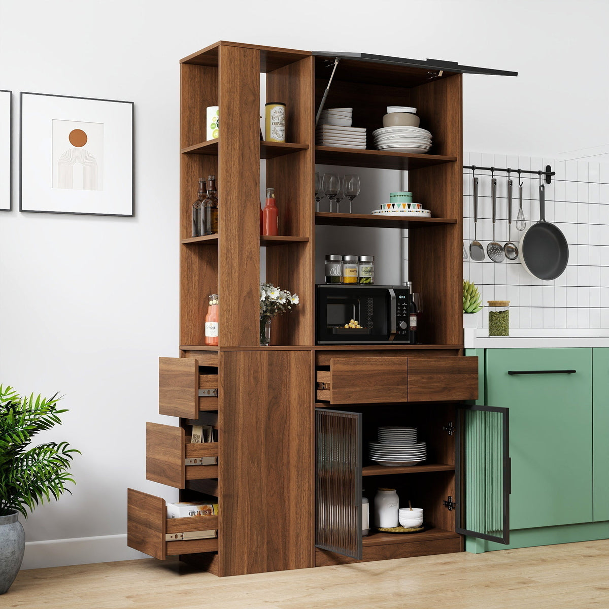 Tall Storage Cabinet with Glass Doors and Drawers - Walnut