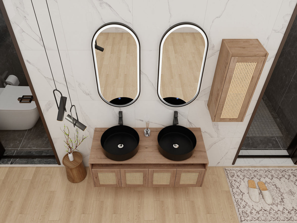 48" Bathroom Vanity with Ceramic Art Sink and Side Cabinet - Imitative Oak