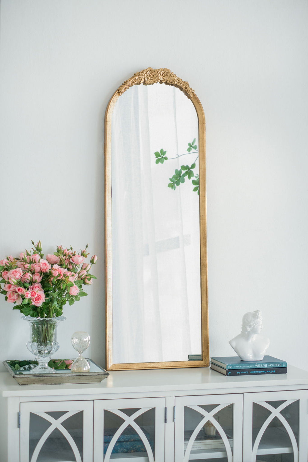 Gold Arched Floor Mirror with Wood Frame - Full Body
