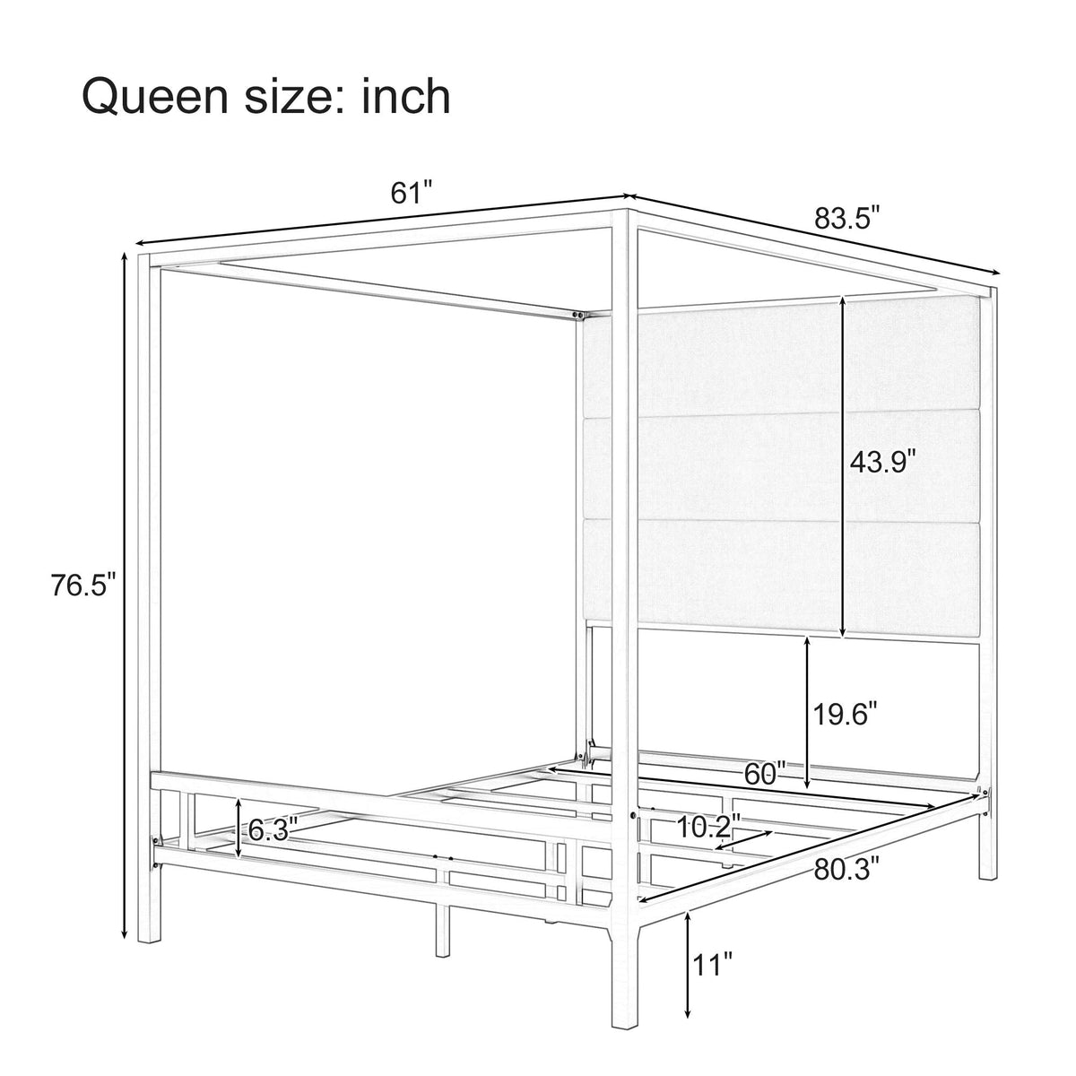 Canopy Bed With Tall Upholstered Headboard - 4 Poster Frame - Gold or Black