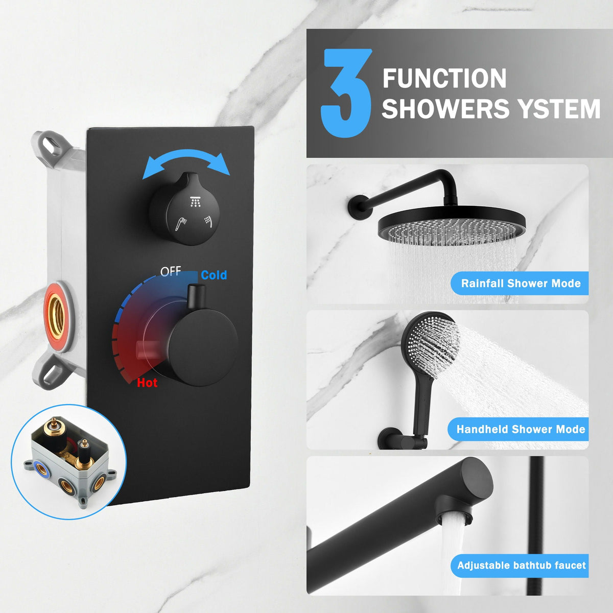 10" Shower System Set with Control Valve – Solid Brass – Gold or Black