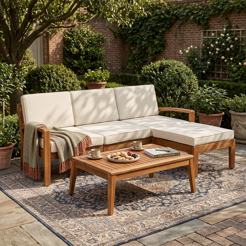 L Shape 3-Piece Acacia Wood Patio Sofa Set with Waterproof Cushions - Natural Finish