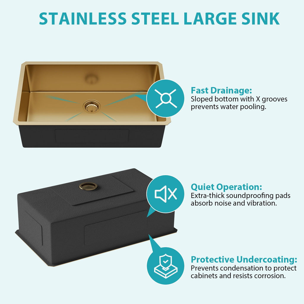 Undermount Stainless Steel Kitchen Sink with Deep Single Bowl - Gold