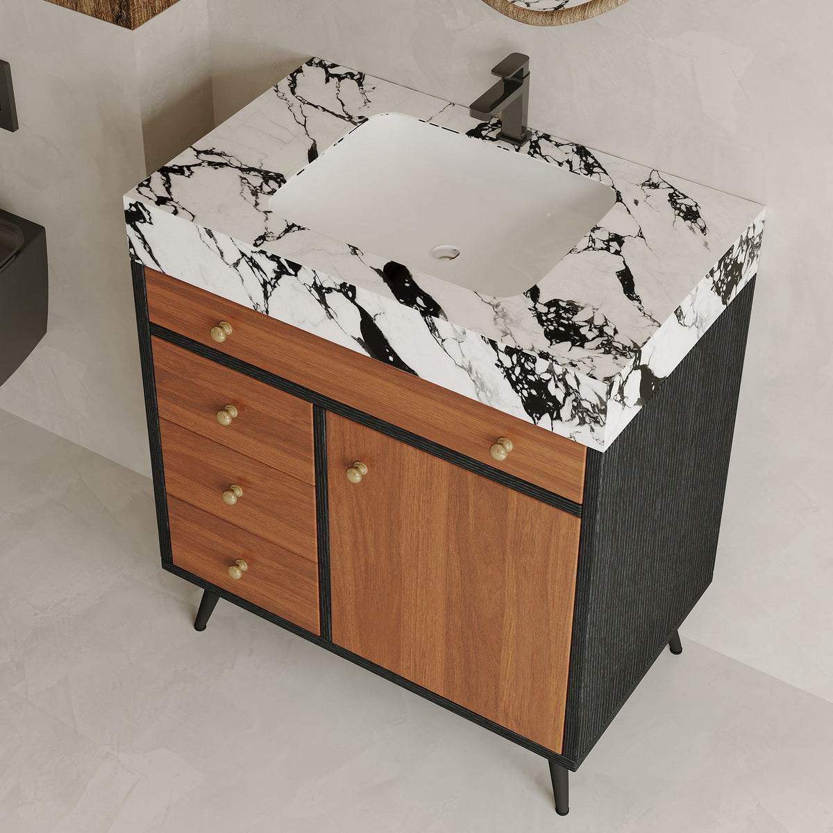 Modern Free-Standing Bathroom Vanity with Ceramic Sink & Sintered Stone Top - White