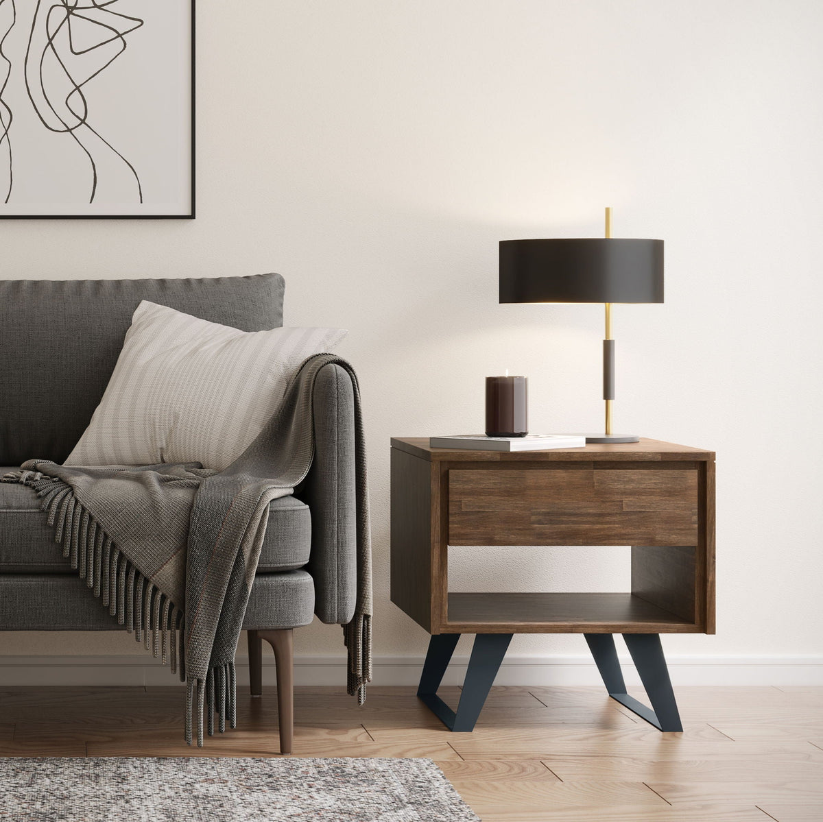 Handcrafted Acacia End Table with 1 Drawer - Light Brown, Dark Gray, or Dark Brown