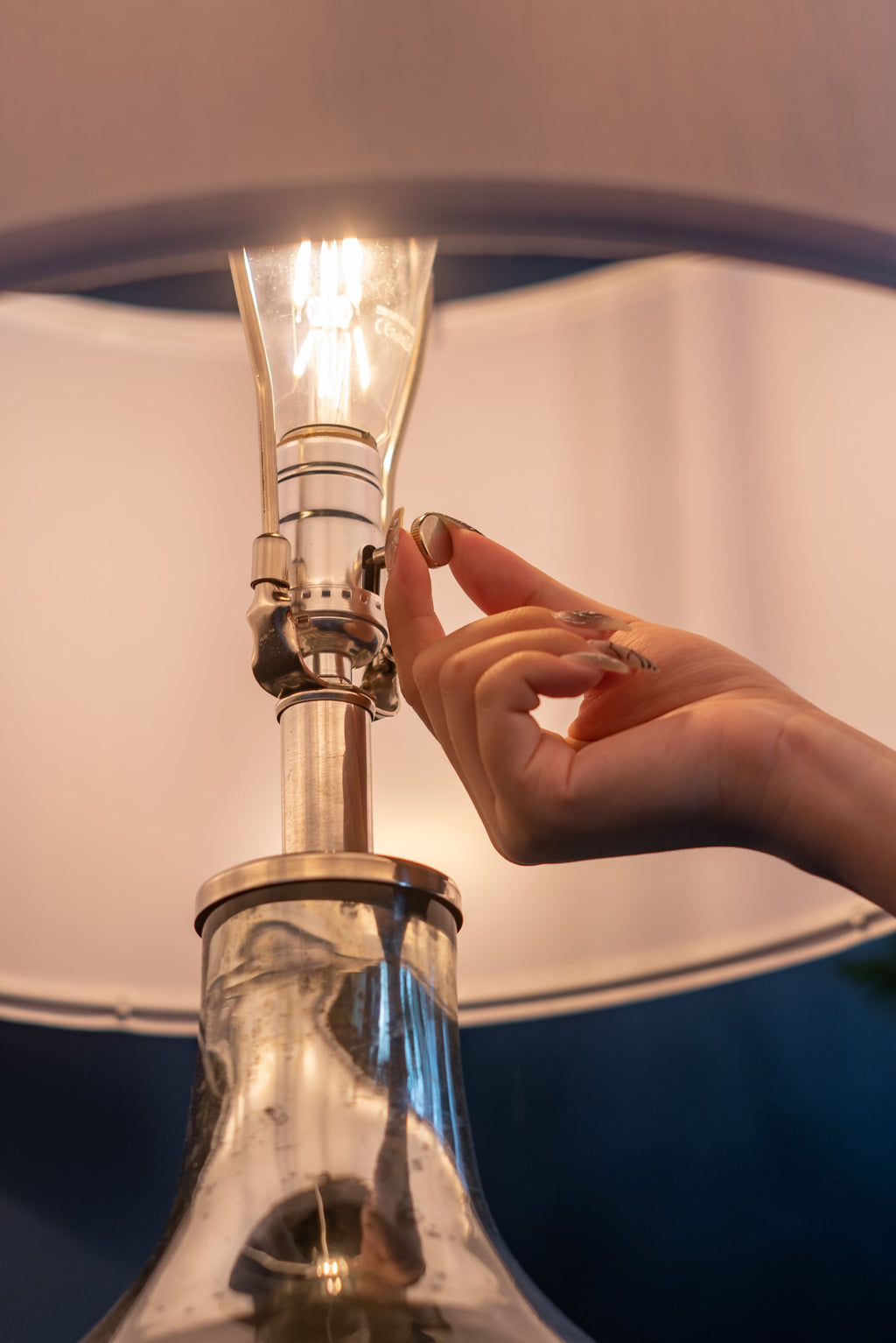 Silver Round Table Lamp with White Fabric Shade