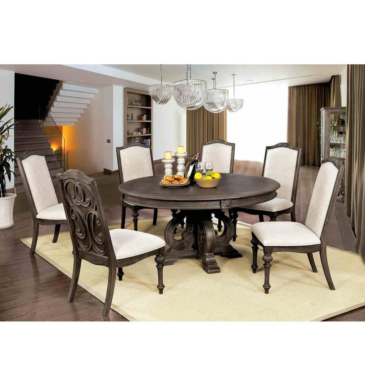 Elegant Round Dining Set with Upholstered Chairs - Dark Brown or White
