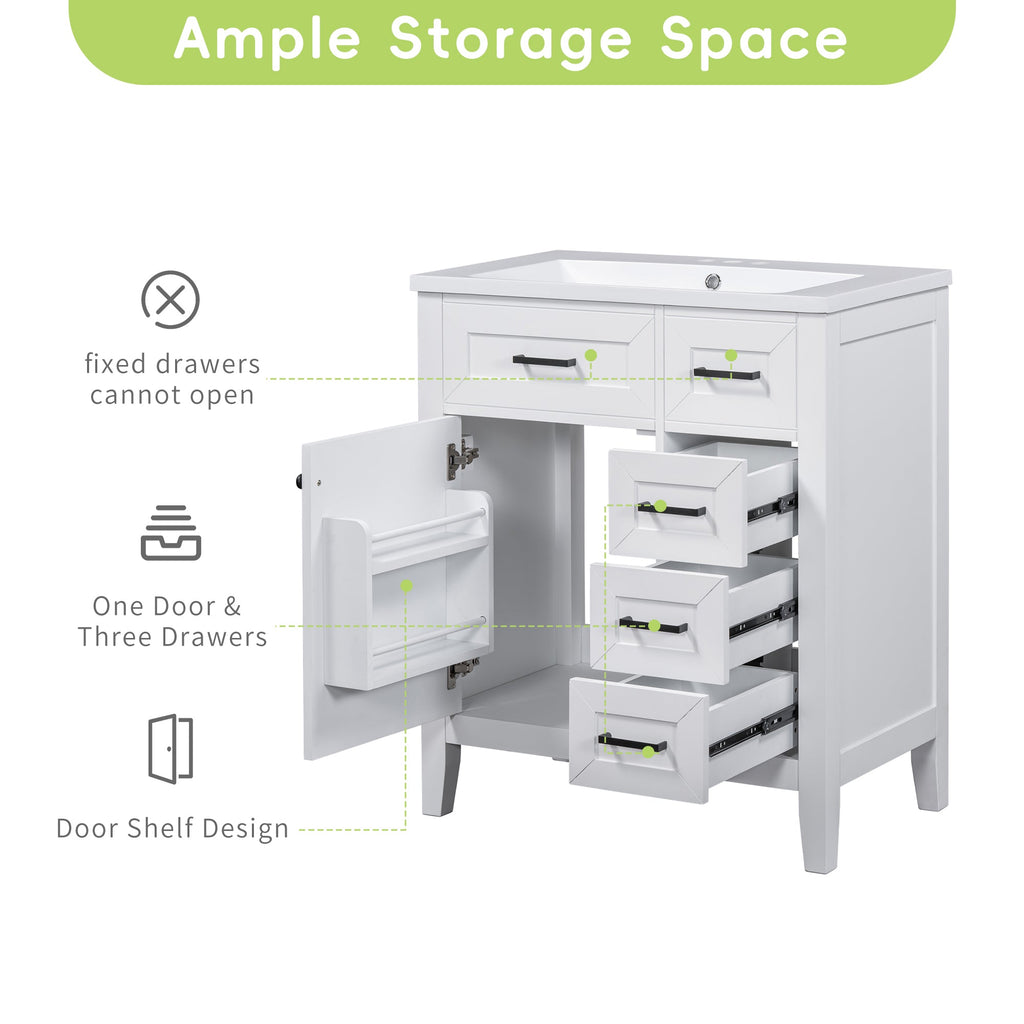 30" Bathroom Vanity Cabinet Base with Drawers - White