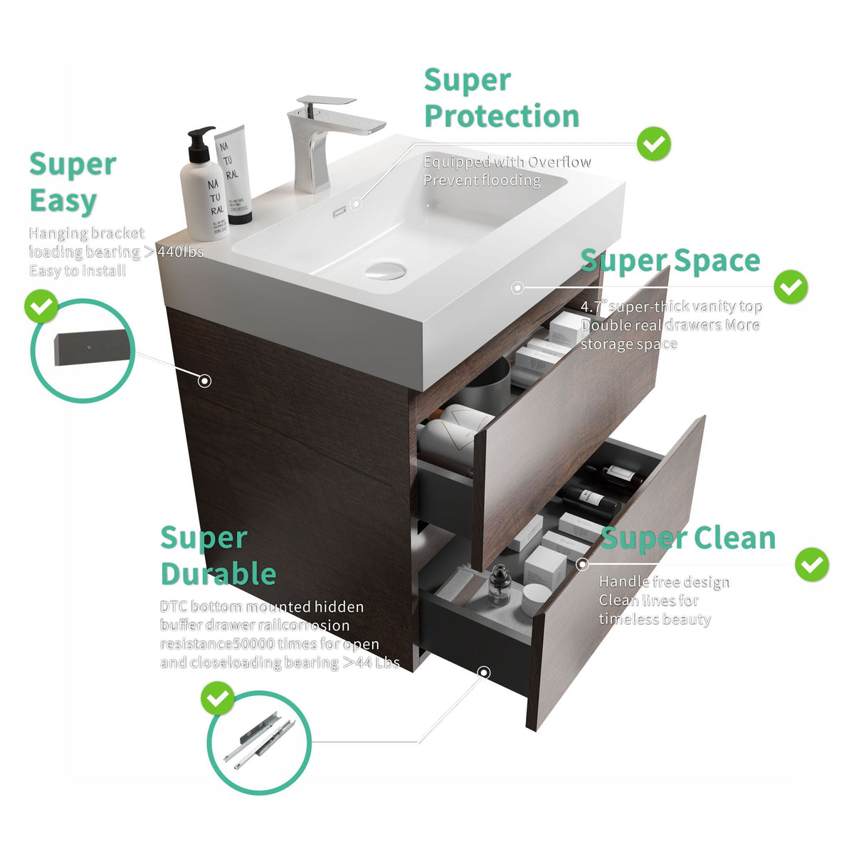 Alice Wall-Mounted Bathroom Vanity with Integrated Sink - Black or White