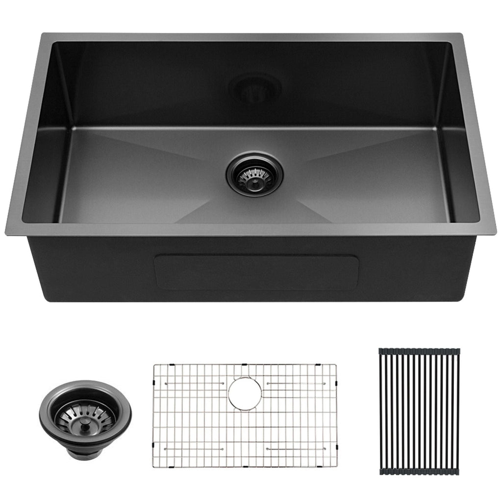 28" Undermount Kitchen Sink with 16 Gauge Steel - Gunmetal Black