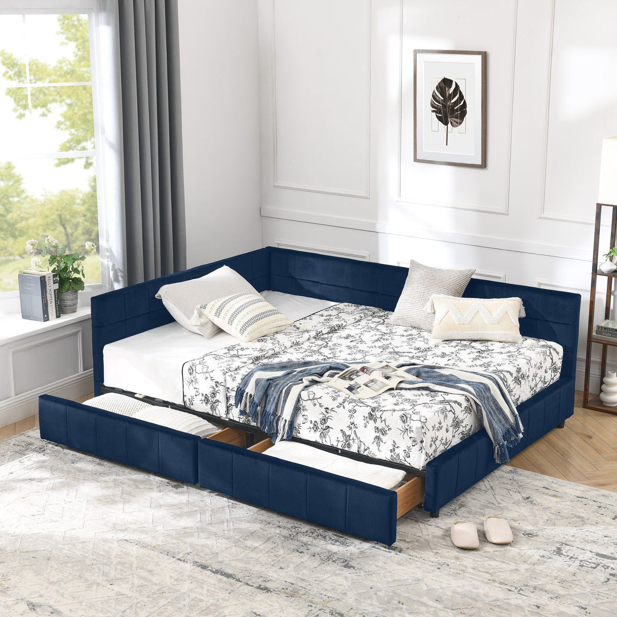 Mid-Century Storage Upholstered Tufted Bed Frame with Backrest and Armrests - Multiple Colors