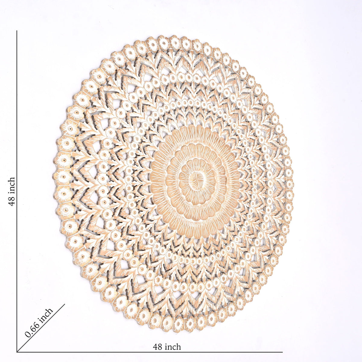 Floral Hand Carved Mandala Round Wall Decor with Intricate Carving - Brown / Antique White