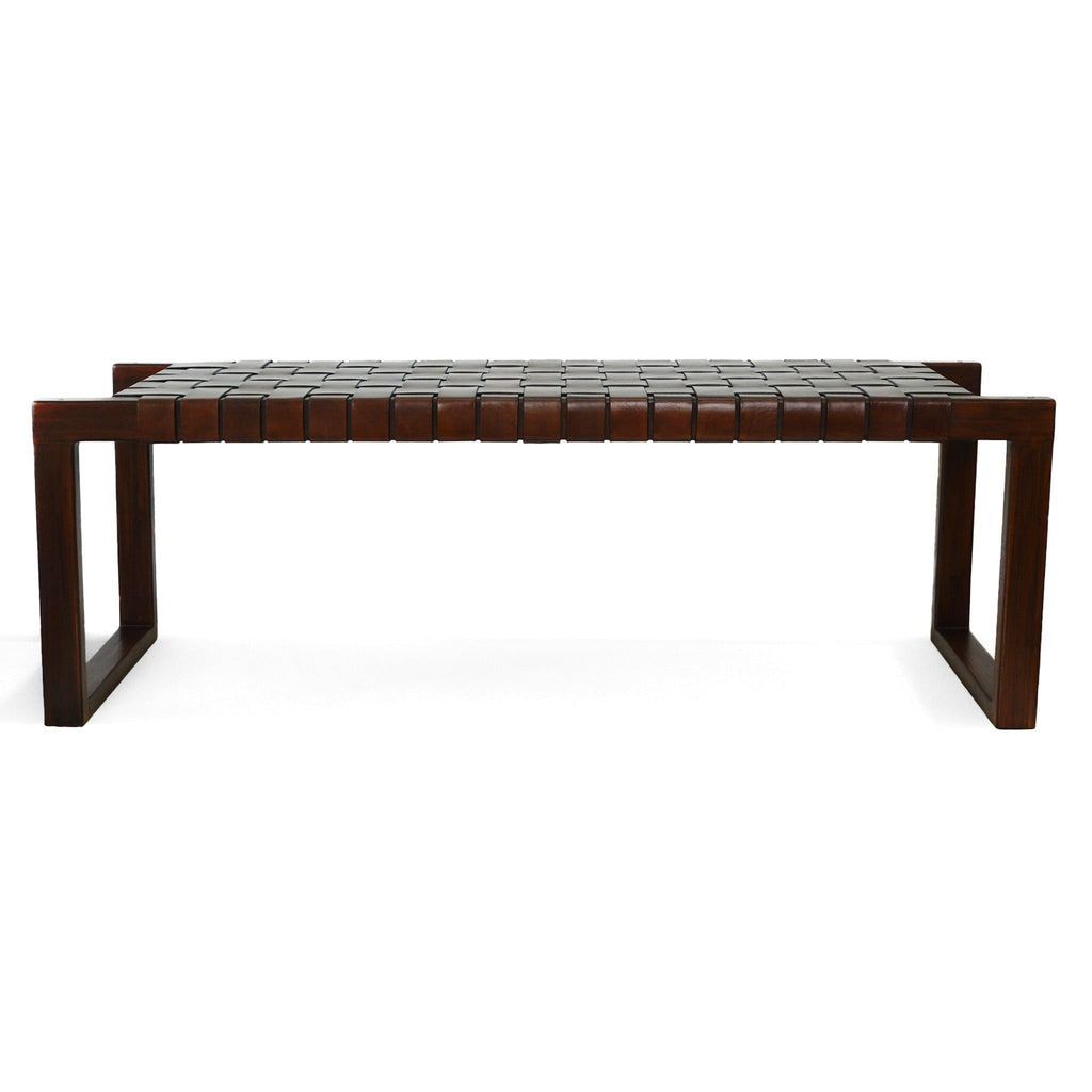Cognac Brown Upholstered Bench with Genuine Leather Seat - Mid-Century Modern