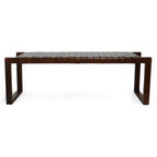 Cognac Brown Upholstered Bench with Genuine Leather Seat - Mid-Century Modern