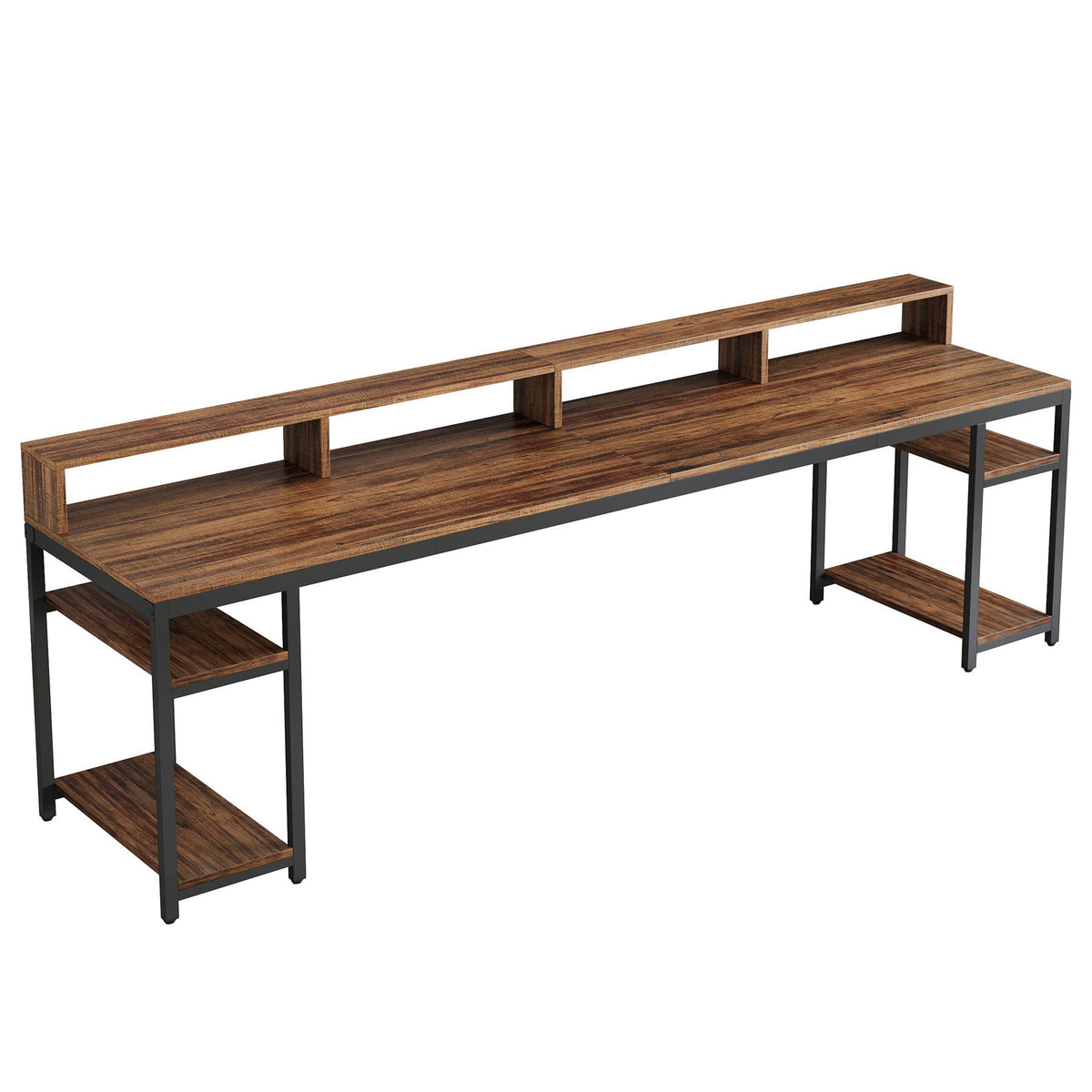 2 Person Desk with Monitor Stand and Dual Storage - Brown / Black
