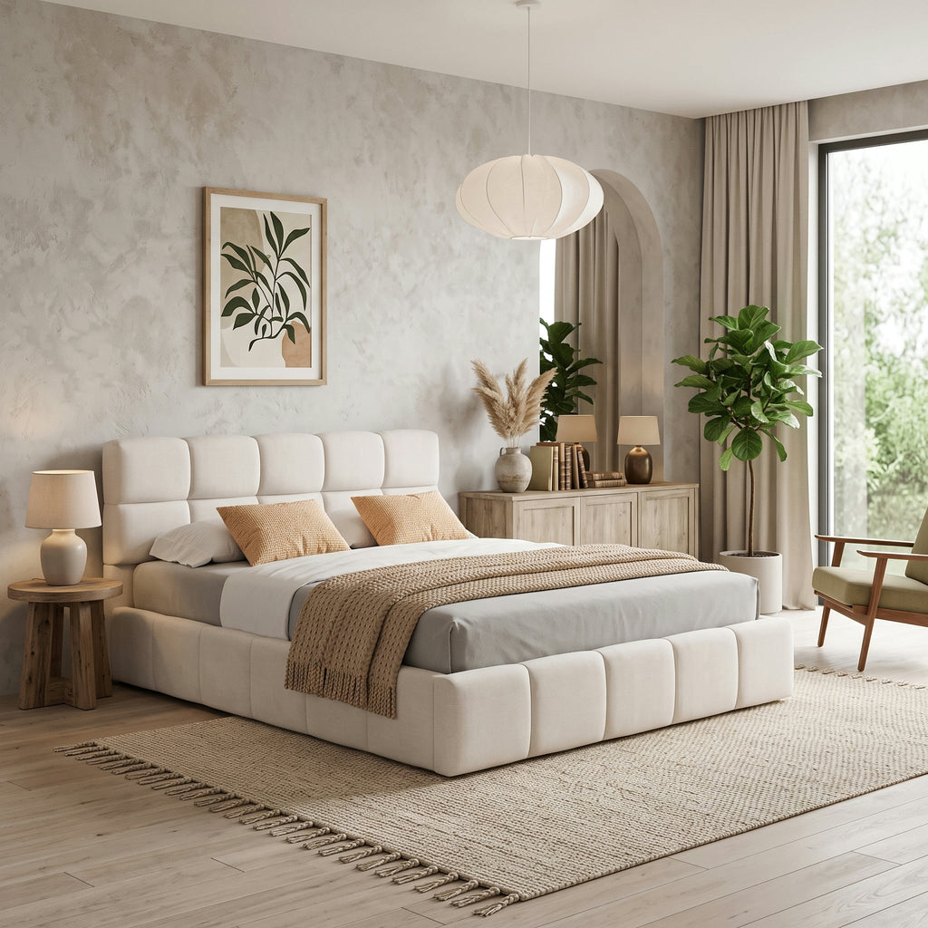 Elegant Chenille Upholstered Bed with Checkerboard Headboard - Beige