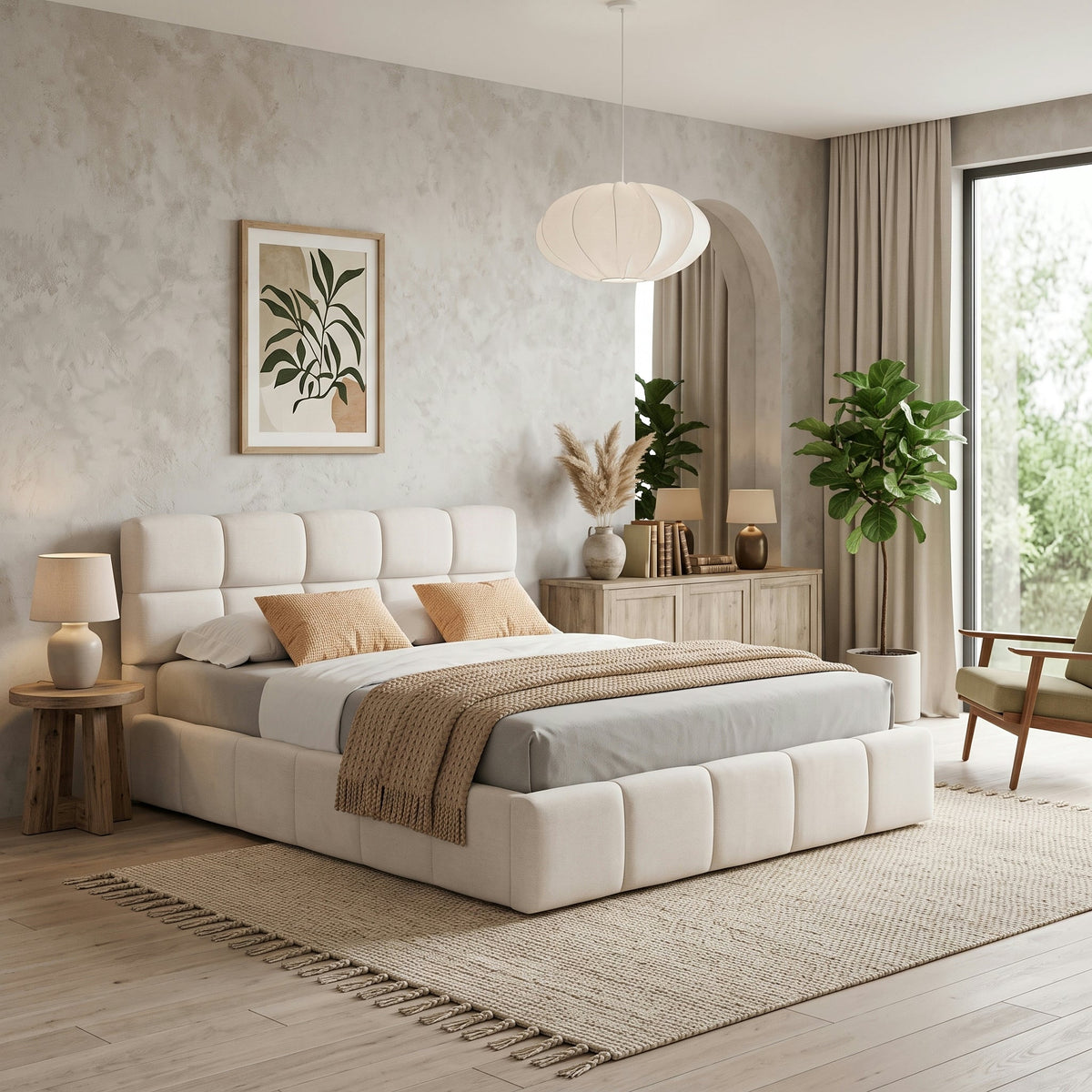 Elegant Chenille Upholstered Bed with Checkerboard Headboard - Beige