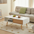 Rattan Coffee Table with Sliding Storage Door – Solid Wood Legs - Light Brown, White, or Dark Brown