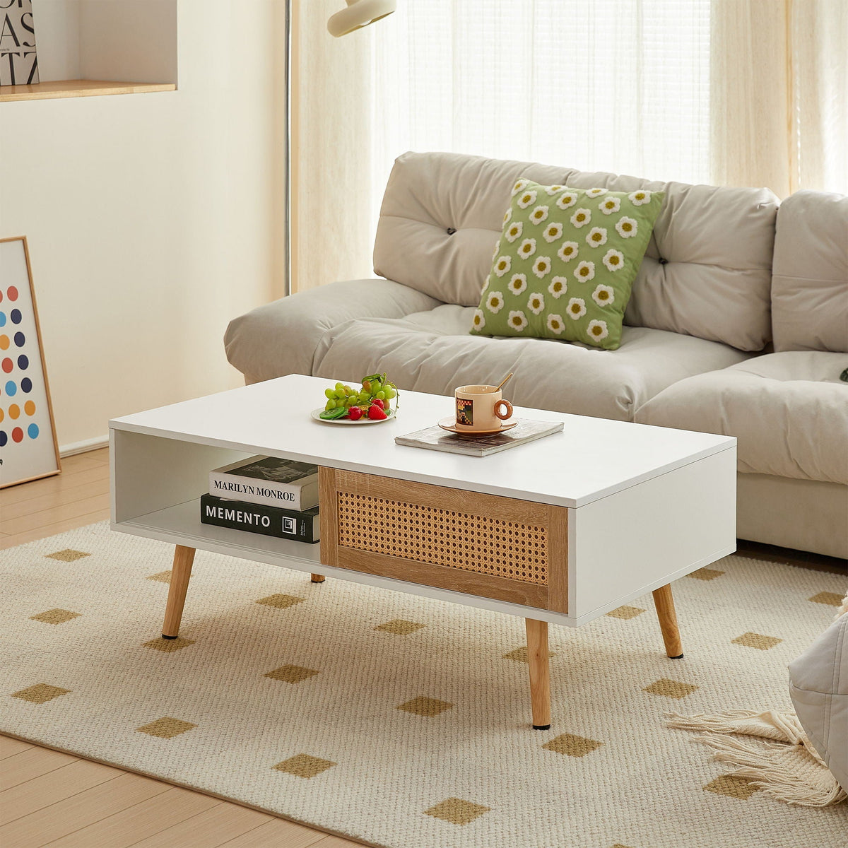 Rattan Coffee Table with Sliding Storage Door – Solid Wood Legs - Light Brown, White, or Dark Brown