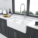 Double Bowl Apron Front Kitchen Sink with Scratch Resistance - White