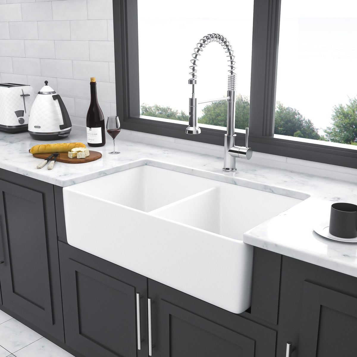 Double Bowl Apron Front Kitchen Sink with Scratch Resistance - White